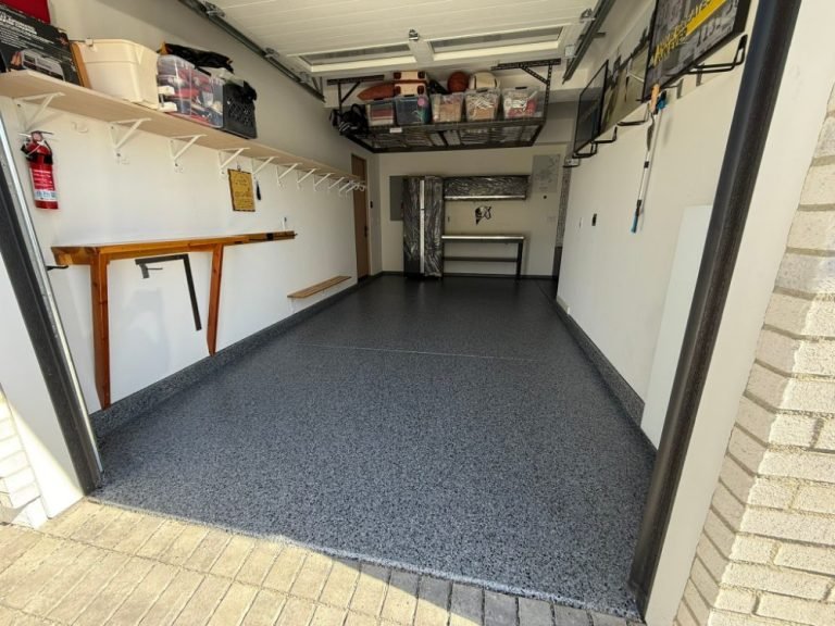 Decorative flake garage floor coating installed by Zenith Heights in San Diego County