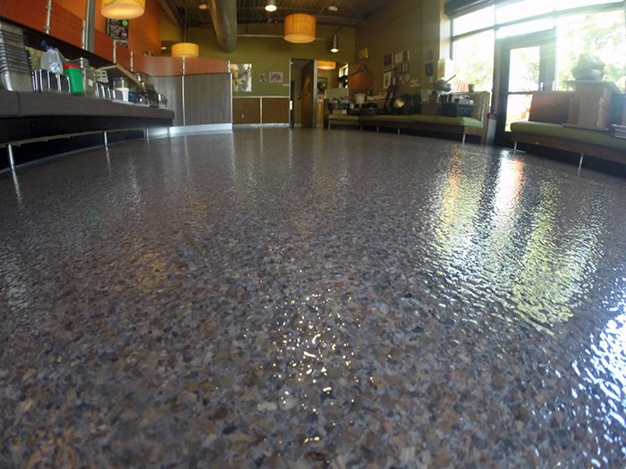 Glossy decorative flake epoxy floor in a San Diego commercial interior