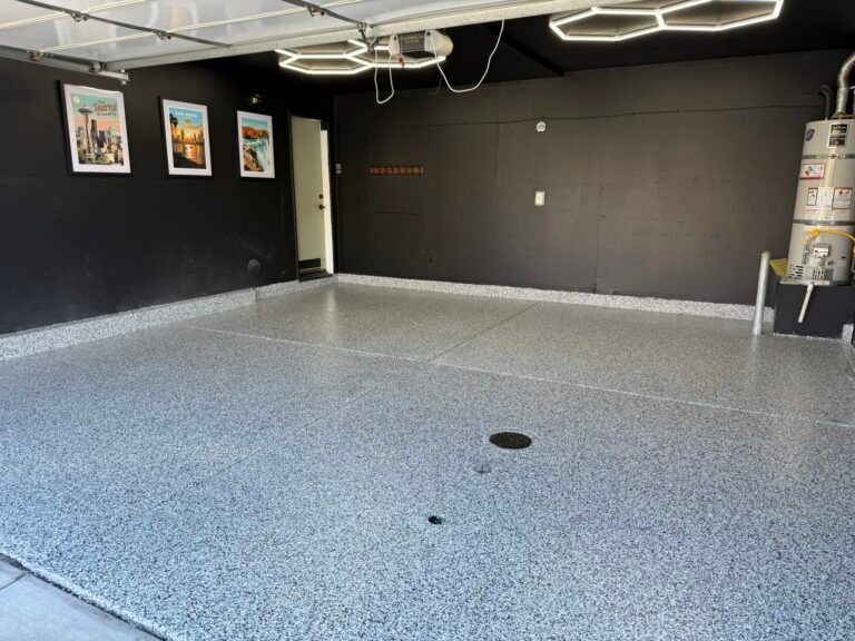 Decorative flake garage coating with protective clear topcoat