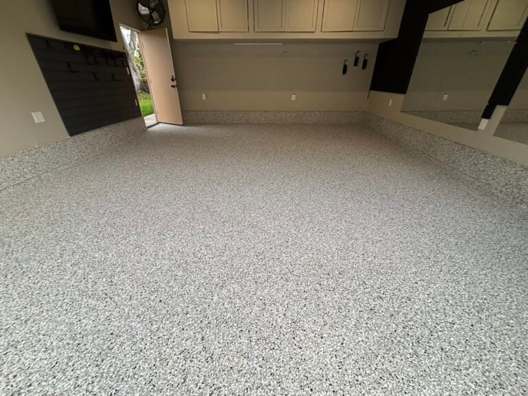 Decorative flake coating for patio and outdoor concrete