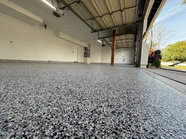 Completed decorative flake concrete coating with even full-broadcast coverage