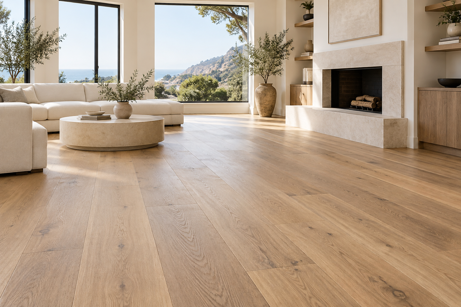 Premium natural white-oak hardwood flooring in an upscale San Diego interior