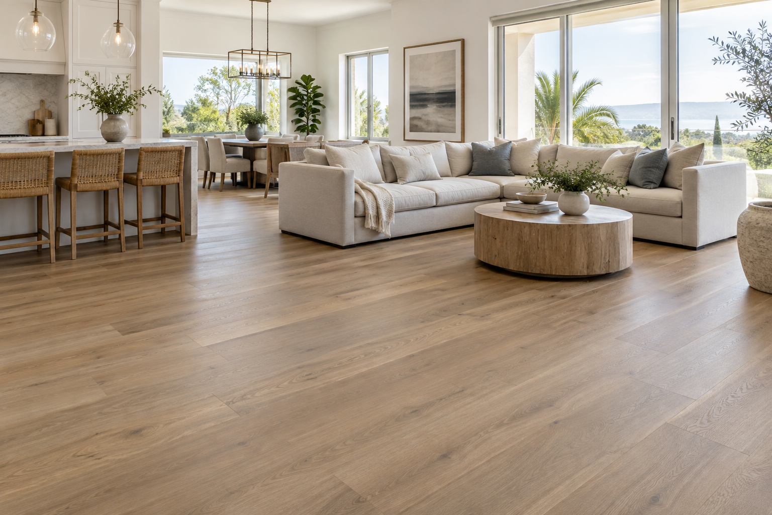 Premium oak-look luxury vinyl plank flooring in an upscale San Diego interior